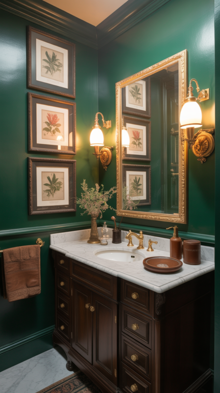 Dark academia bathroom with forest green walls and vintage scholarly elements