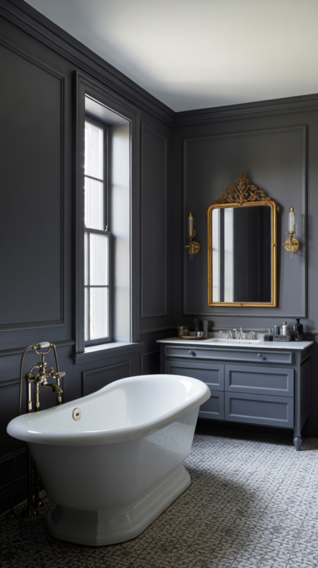 Dark gray bathroom with brass fixtures and white freestanding tub creating dramatic design