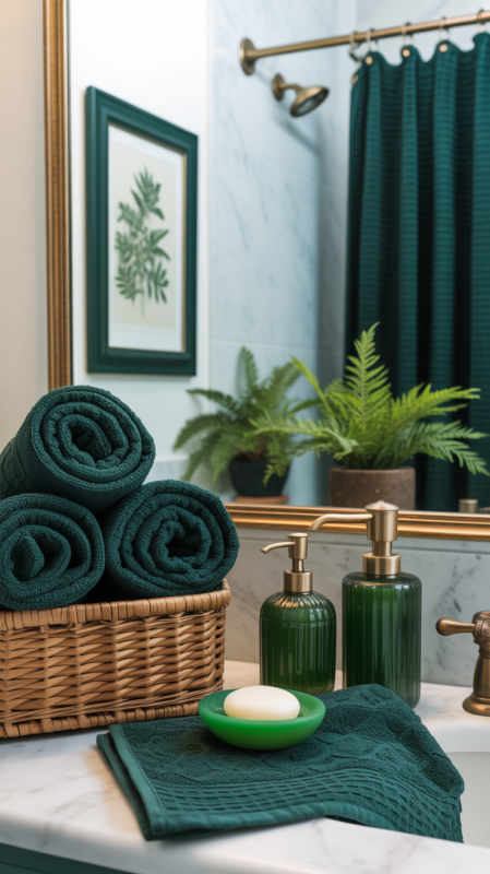 Dark green bathroom decor including towels and accessories on white marble counter