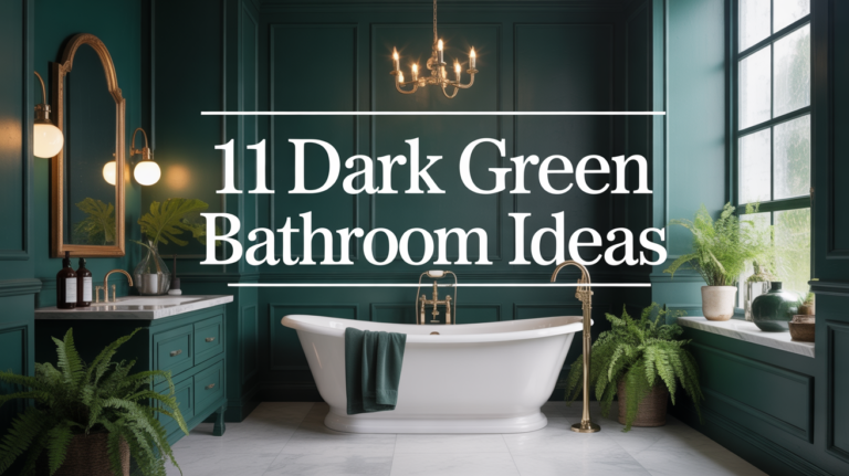 Dark green bathroom ideas featuring emerald walls and brass fixtures with natural light