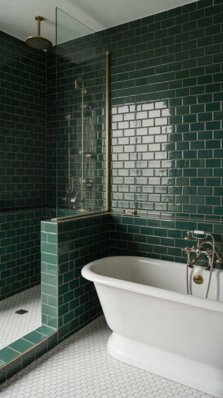 Dark green bathroom tiles in herringbone pattern with white fixtures