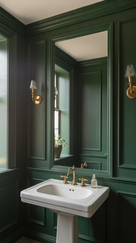Dark green bathroom walls with white fixtures and brass lighting creating elegant space