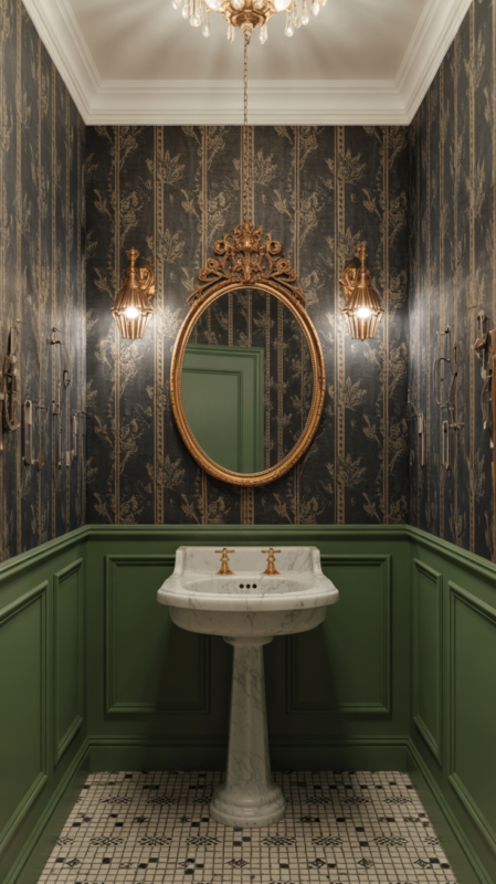 Dark green powder room with vintage wallpaper and gold fixtures creating moody elegance