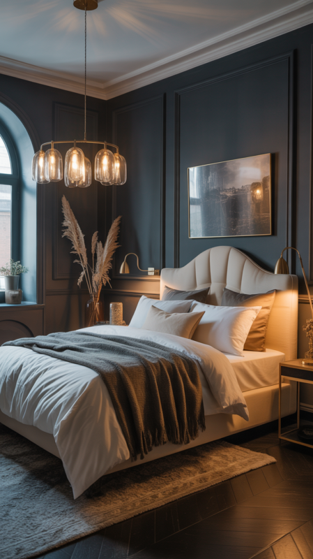 Dramatic dark grey bedroom walls creating moody cocooning atmosphere