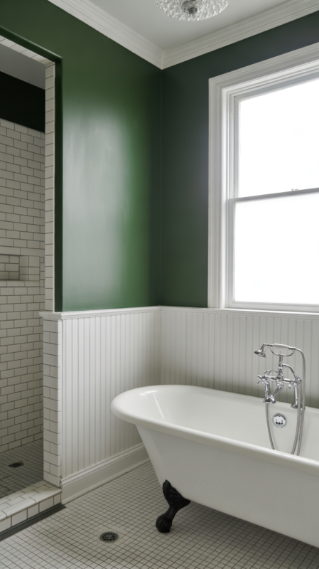 Deep green bathroom with white wainscoting and fixtures creating classic elegant design