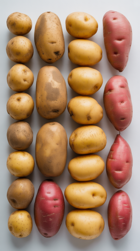 Different potato varieties including russet, Yukon gold, and red potatoes side by side