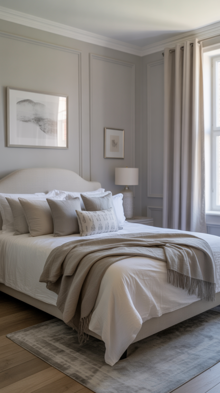 Sophisticated bedroom with soft dove grey walls and elegant styling