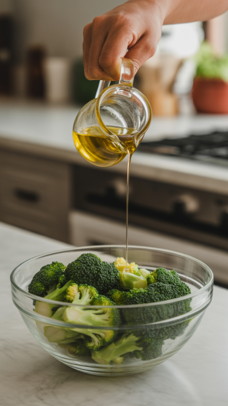 Olive oil being drizzled over broccoli florets in mixing bowl