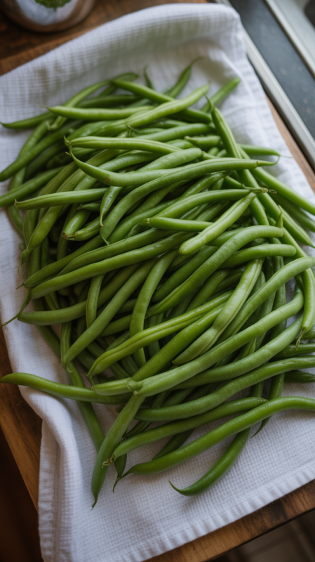 Fresh green beans spread on white kitchen towel showing proper drying technique