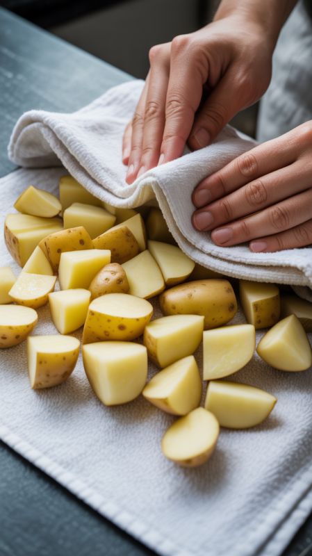 Cut potatoes spread on white kitchen towel being patted dry showing moisture removal