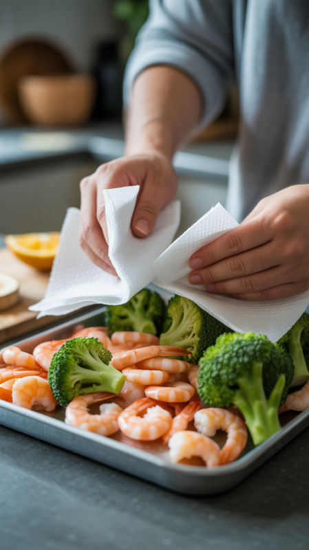 Shrimp and broccoli being patted dry with paper towels showing moisture removal