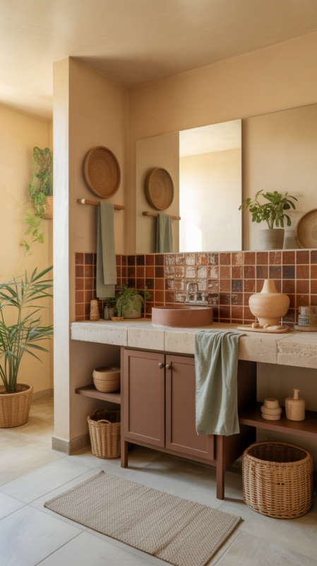 Earthy bathroom with brown and earth tone color scheme using natural materials