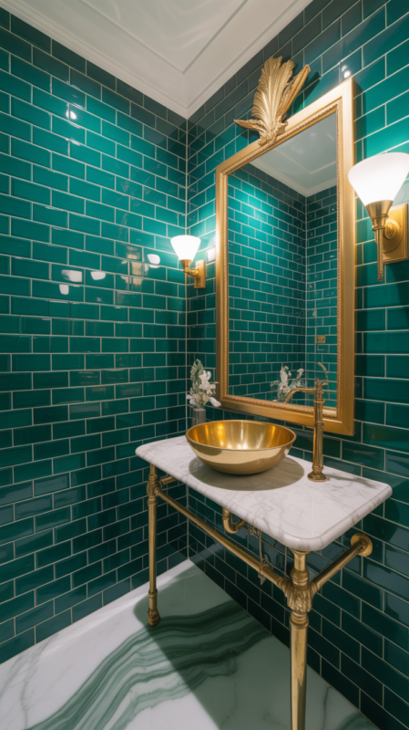 Emerald green bathroom with gold fixtures and art deco styling creating luxurious design
