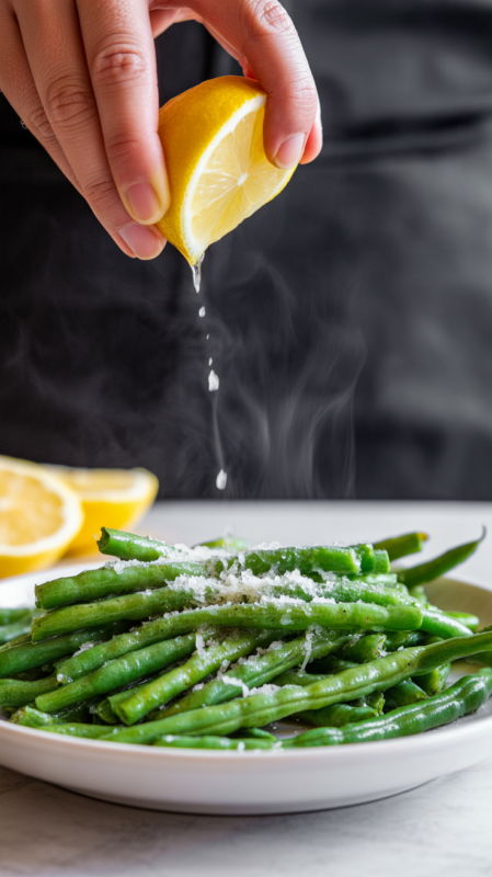 Crispy green beans being topped with fresh lemon juice and grated parmesan cheese