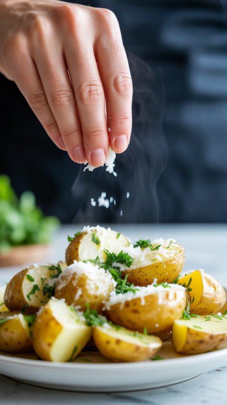 Hot crispy potatoes being topped with fresh parsley and parmesan cheese