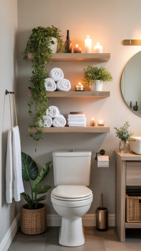 Open floating shelves above toilet with styled towels and decorative items