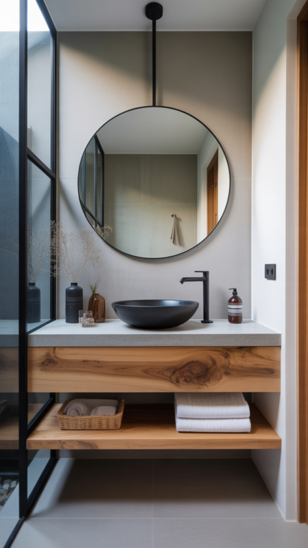Wall-mounted wood floating vanity in contemporary bathroom design