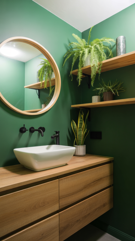 Forest green bathroom with natural wood vanity and plants creating organic space
