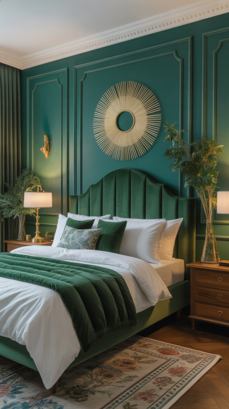 Luxurious bedroom with deep forest green walls and brass fixtures