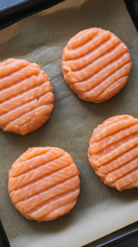 Four perfectly formed salmon patties with thumb indentation ready for air fryer