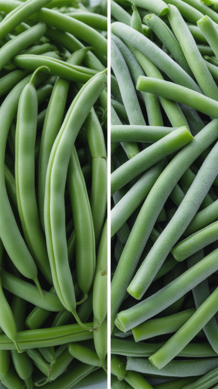 Side by side comparison of fresh and frozen green beans showing quality differences