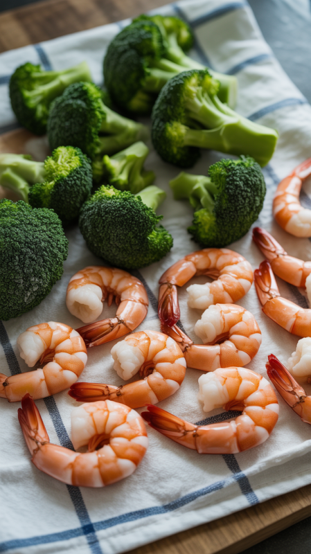 Frozen shrimp and broccoli thawing on towels showing proper preparation