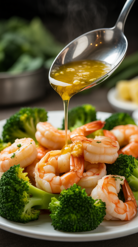 Garlic butter sauce being spooned over hot cooked shrimp and broccoli