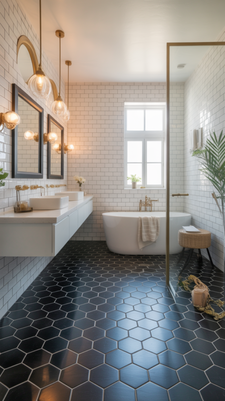 Modern bathroom with bold geometric black and white floor tile and marble walls