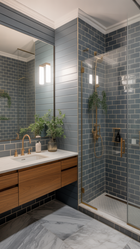 Gray bathroom photo gallery style featuring mixed materials and textures