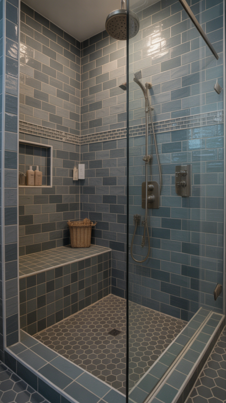 Gray bathroom shower with mixed tile sizes and built-in bench