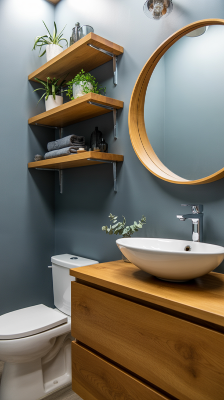 Gray bathroom walls with natural wood vanity creating warm modern space