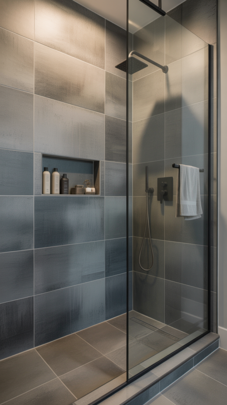 Gray tile bathroom shower with large format tiles and modern fixtures