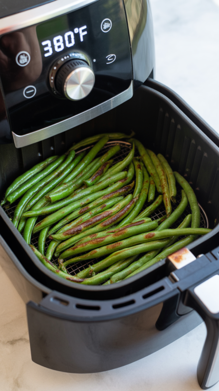 Green beans cooking in air fryer basket showing browning and char development