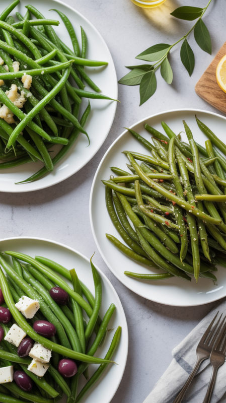 Multiple plates showing different air fryer green bean variations including Asian and Mediterranean styles