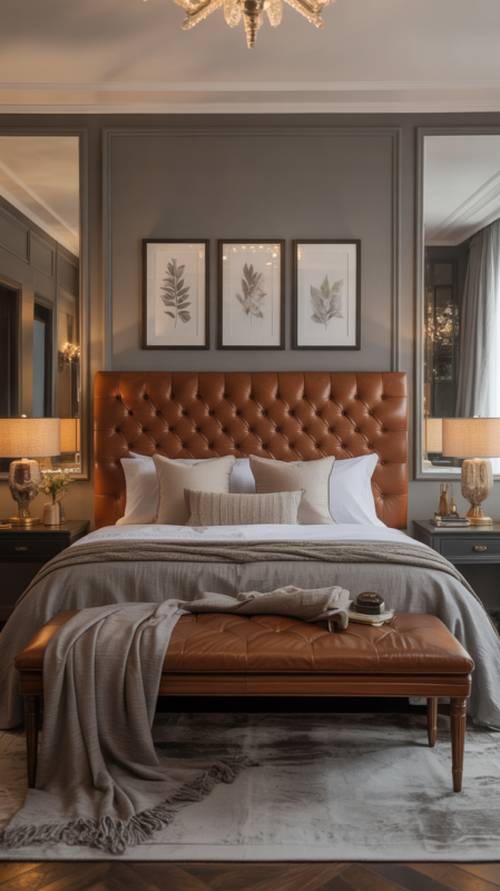 Sophisticated grey bedroom with rich brown leather upholstered bed frame