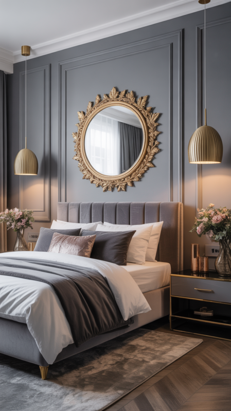 Grey bedroom with glamorous gold and brass metallic accents and lighting