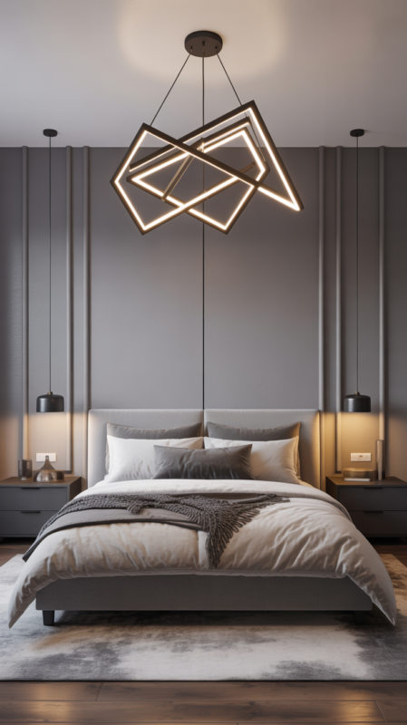 Grey bedroom with dramatic geometric chandelier as focal point