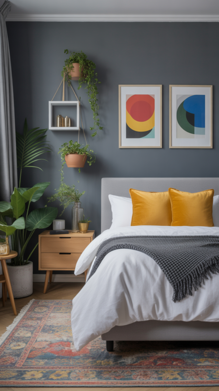Grey bedroom with pops of mustard yellow throw pillows adding warmth