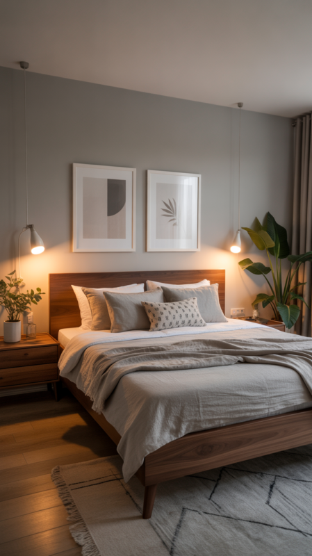 Grey bedroom walls with warm wood bed frame and natural accents creating cozy atmosphere