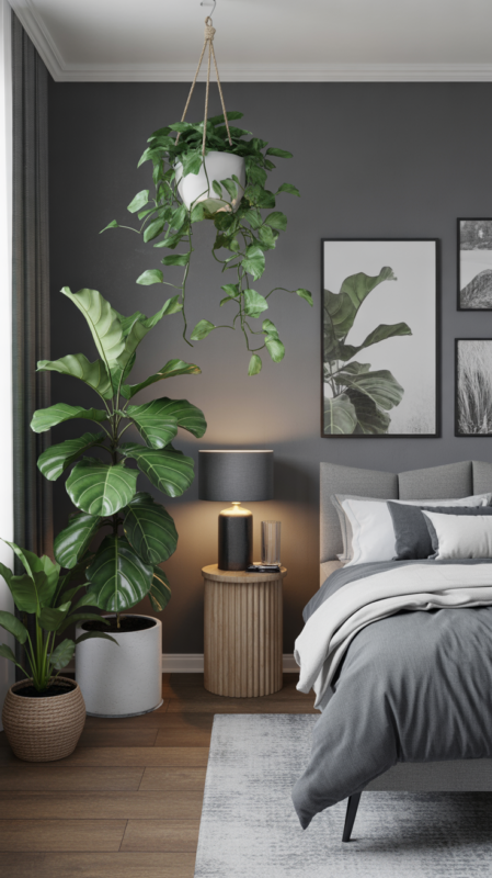 Grey bedroom with multiple plants and greenery adding life and color