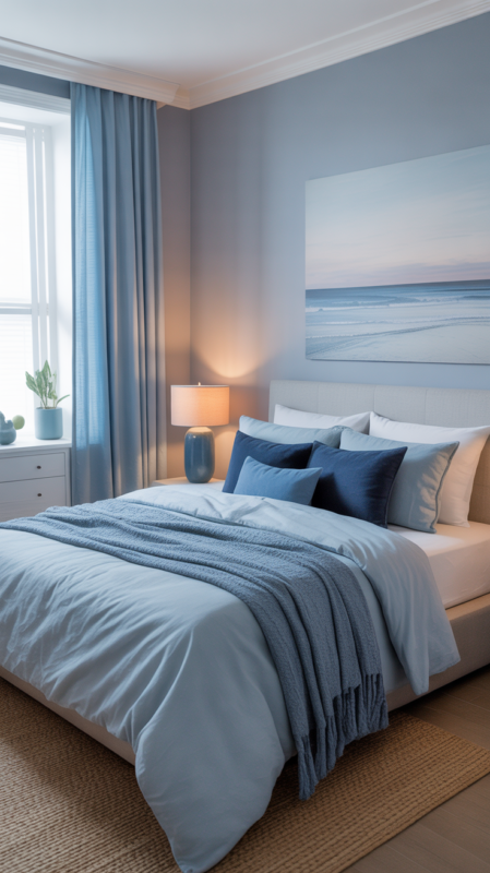Peaceful grey and blue bedroom combining cool tones for calming effect