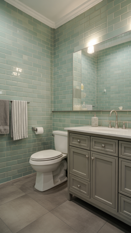 Grey and sage green bathroom featuring tiles and painted vanity in sophisticated color scheme
