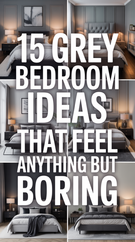 Pinterest pin collage showing 15 stunning grey bedroom design ideas