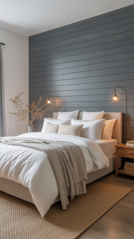 Grey shiplap accent wall adding dimensional texture to bedroom