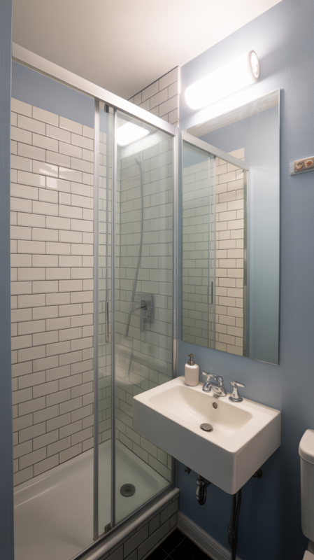 Small gray bathroom maximizing space with floating vanity and large mirror