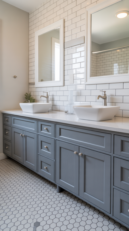 Grey and white bathroom featuring painted vanity and patterned floor tiles