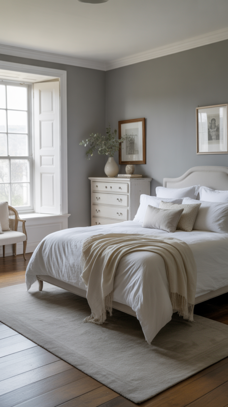 Classic grey and white bedroom with white furniture and crisp white bedding