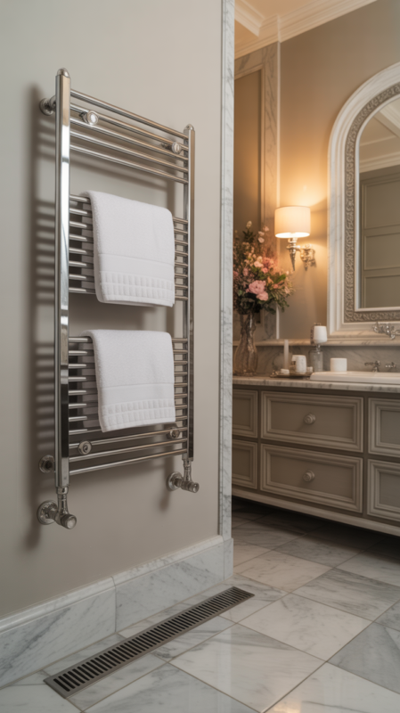 Luxury bathroom details including heated floors and wall-mounted towel warmer