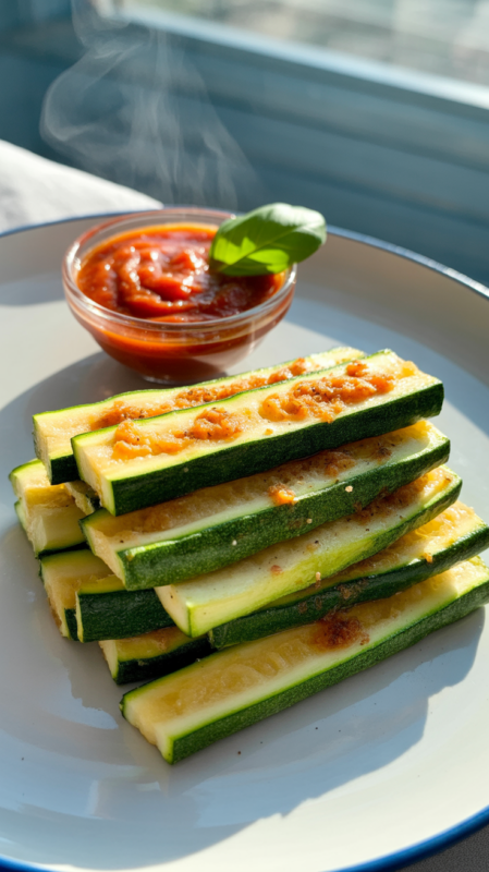 Plate of hot crispy zucchini fries with marinara dipping sauce and garnish