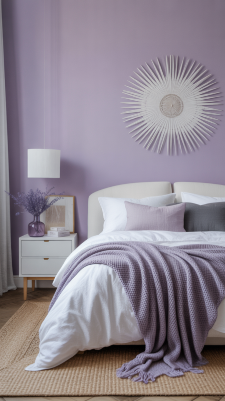 Peaceful bedroom with soft lavender walls creating calming atmosphere